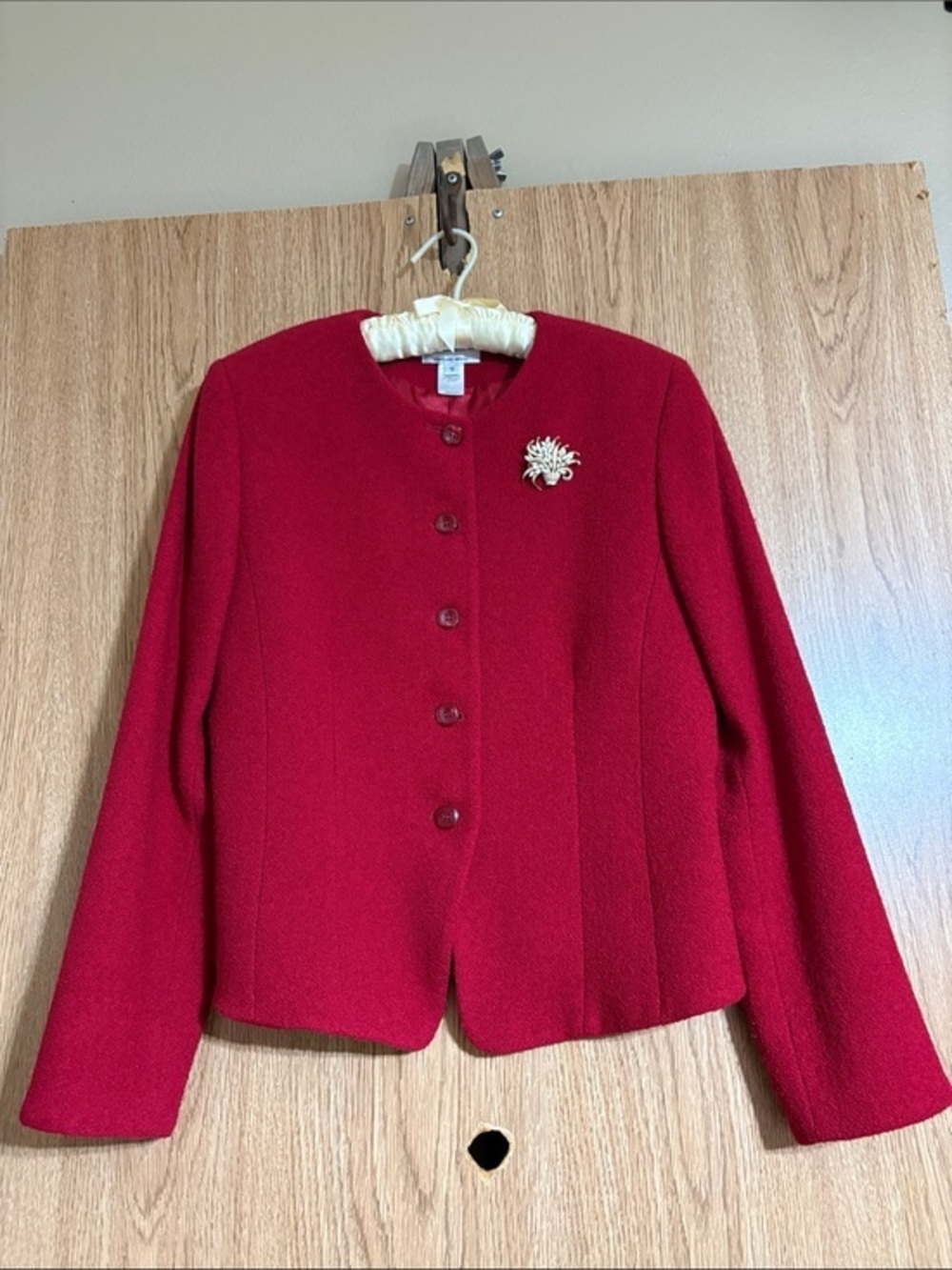 Pendleton Red Wool Blend Boxy Blazer with Decorative Brooch